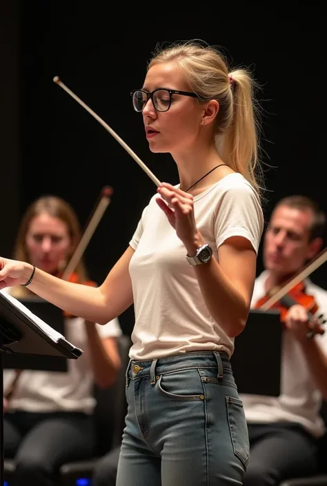 Best quality, slim blonde music conductor wearing light cotton t shirt and jeans, glasses, wearing a silver Rolex, with a muffin top waist because she gained weight 20 pounds in her tummy area, conducting a band with a baton, side profile showing her looki...