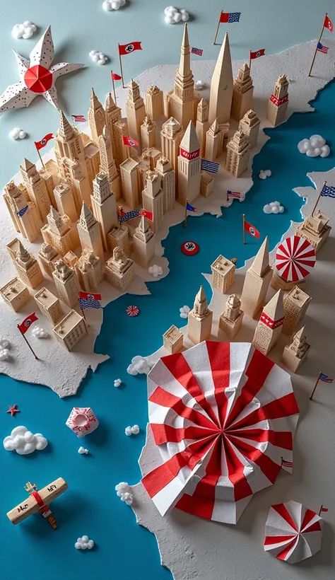 An origami depiction of New York City with Nazi banners and San Francisco adorned with Japanese imperial flags, illustrating the division of the United States."