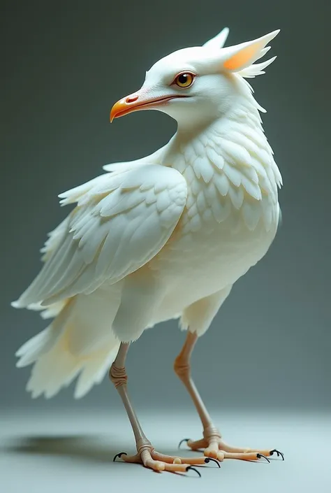 A synthetic creature of a white jindoge and a seagull that eats citrus (It has two legs and two wings, and no arms. The head is in the shape of a white jade dog, and the rest is in the shape of a seagull) One 