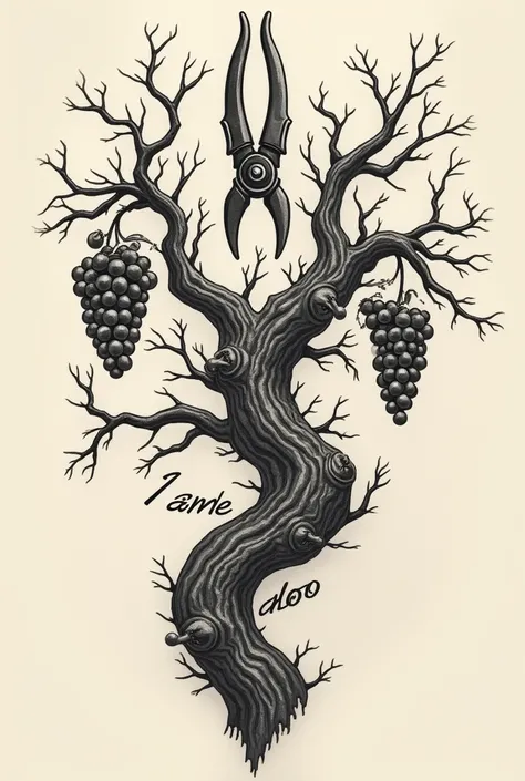 Create a tattoo 
A grapevine trunk

Branches coming out of the trunk,  some with grapes ,  others pruned .

At the top,  a hand holding pruning scissors .

 At the base or around ,  the short text  " I am the true vine "