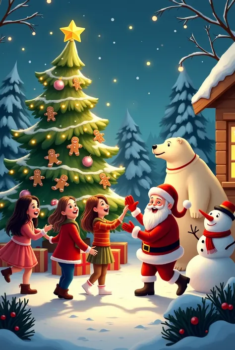 Christmas dancing party with gifts exchange with friends, Christmas tree, ginger men, snowman and Santa, pines fruit, polar bear in a poster format 