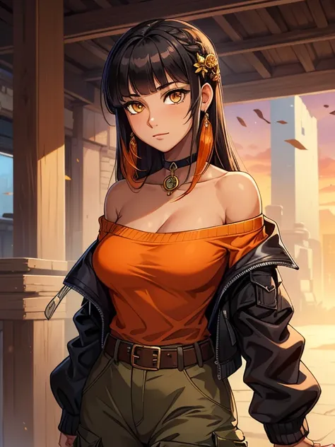 ((masterpiece: 1.4, perfect face, best quality: 1.2)), ultra highly detailed, 1girl, solo, 26yo woman, tan-bronze skin, amber eyes, neck-length hair, black hair with bangs, orange hair ornaments, black jacket, orange off-shoulder top, belt, gray cargo pant...