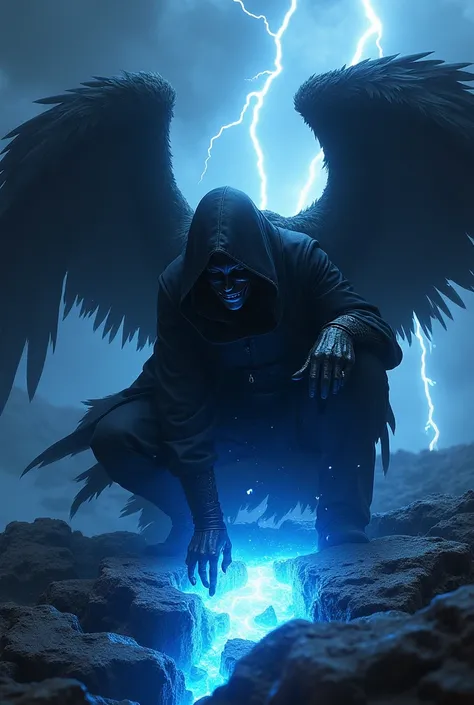 An angel in a black coat and a black mask crouched down touching the ground and the ground breaks in 2 with blue lava with lightning and thunder in the background