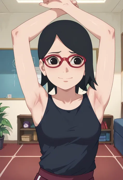 1girl,nsfw,hughres, sarada,short hair,red frame glasses,black eyes,black hair , Worried brow ,smile,,room,Armpit,Arms up,Stretch,