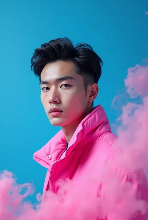 a Realistic photos of a Korean handsome man wearing a pink jacket with glowing color, smoke artistically forming a frame edit Photoshop Computer named, blue background, anime style 