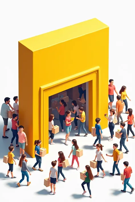 A canary yellow building with a large door where many people are entering in line and through another door they are leaving with a box and bags in their hands because they bought. The background is white