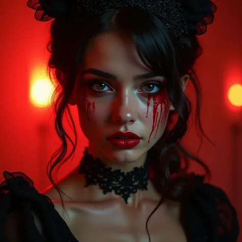 A captivating portrait of a young woman with ethereal beauty, featuring fiery red-toned lighting, intricate details, and detailed makeup—bloody, scarlet streaks across her face and eye—wearing a dark, ornate gown, and a dark-colored headpiece; the image em...