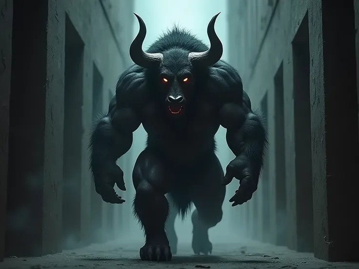 Demonic minotaur. Black fur. Muscular. Huge horns. Loincloth. Digital art. In a dark maze.