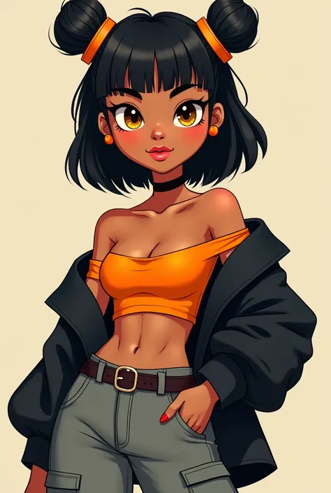 Cartoon, 26yo woman, tan-bronze skin, amber eyes, neck-length hair, black hair with bangs, orange hair ornaments, black jacket, orange off-shoulder top, belt, gray cargo pants
