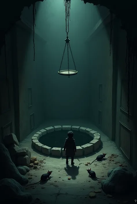 A person locked in a dark room and in the middle there is a large well and above it there is a sharp pendulum and there are rats and food on the floor