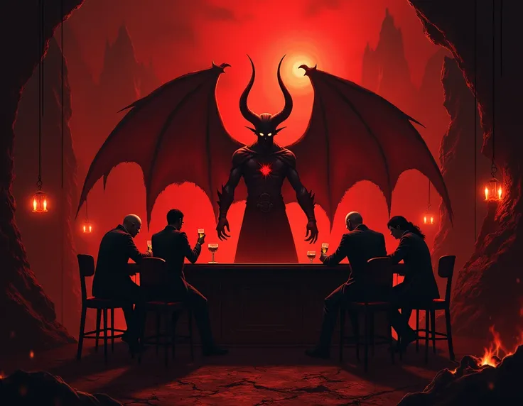 Image of a bar in hell with Satan as a waiter