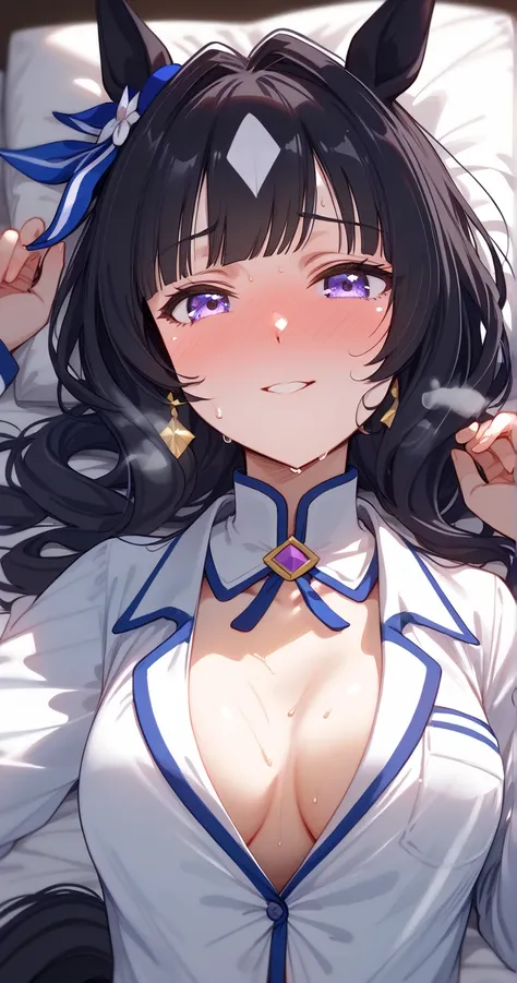 open Buttoned pajamas,verxina (umamusume), 1girl, horse ears, horse tail, detached collar, hair ornament, mole under eye, earrings,black hair,long hair、
BREAK
25 year old woman、slender body、 beautiful feet、medium breasts,sexy Lip,looking at viewer ,nose bl...