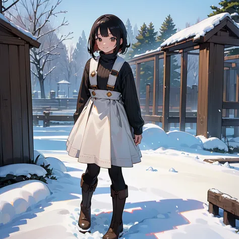 ( High Quality ,  high definition , Very detailed, reality:1.37), Peaceful atmosphere, (Outdoor, garden ,snow),  teenage girl standing alone, Beautiful details,  cute smile, (Black Bob), Ribbed sweater,Brown skirt, Black tights,  brown boots .