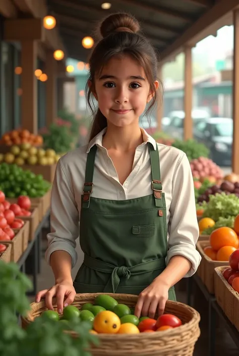 Turn this girl into a young greengrocer following the same facial features