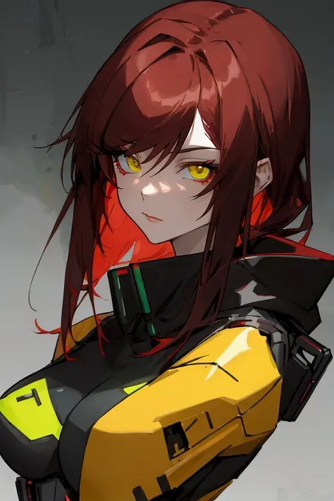 Anime with dark red medium length hair, no bangs, and with yellow-green eyes with ears, the jackal is wearing techvir cyberpunk clothes