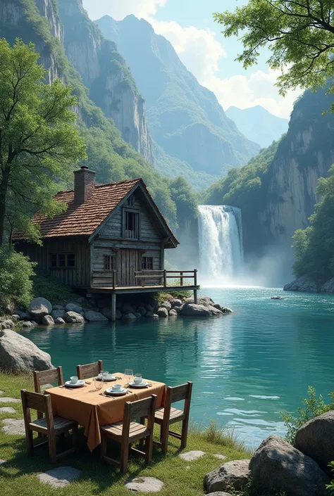 Lake view, old house, dining table, waterfall, drinking water