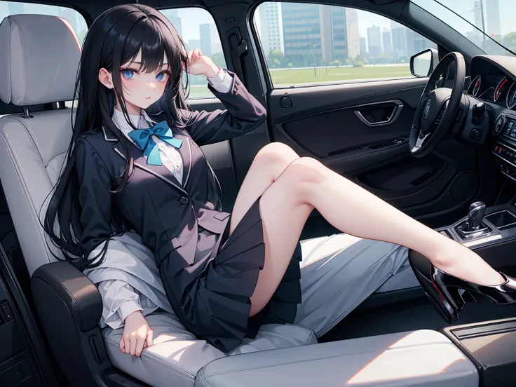 High school students ， already, Black Hair ， With warm blue eyes ， Wore a brand new blue suit and black heels ， Pure white collar and bright green bow 。 has long Black Hair and warm blue eyes ， Lean back in the car seat ， Pose Alluring , spread legs , lowe...