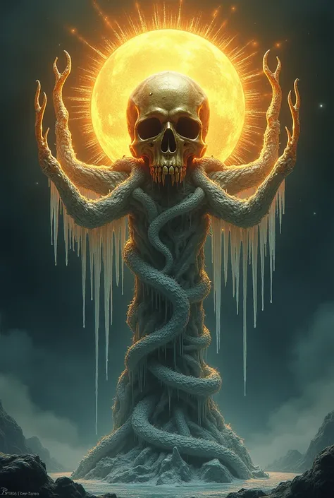 Create a stand with golden skull ,  frozen snakes that form the trunk and sun rays that form the arms. 