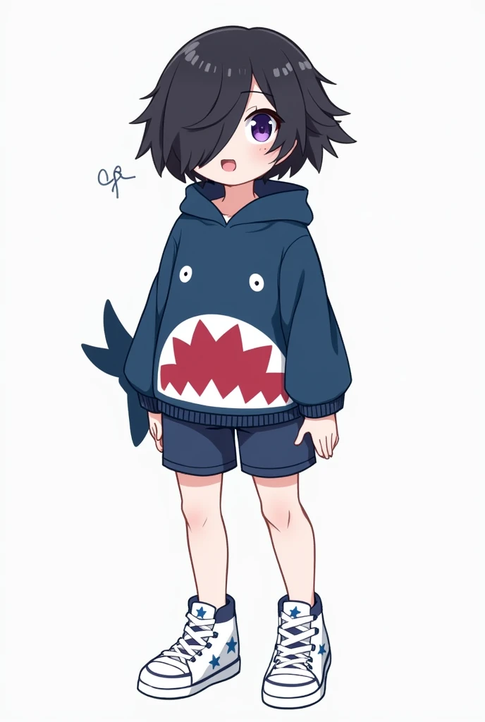 outfit:

 He wears a dark blue hoodie decorated with white teeth and eyes, resembling a shark . 

 Short dark shorts that match the sweatshirt .

White heaters decorated with blue stars.

 White shoes with dark details .


Aspect:

 black hair,  short and ...