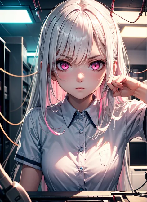 Girl, neon pink eyes, long white hair, lab clothes, lab background with panels, wires, lights, staring at user, serene and serious expression, best quality, Ultra detailed