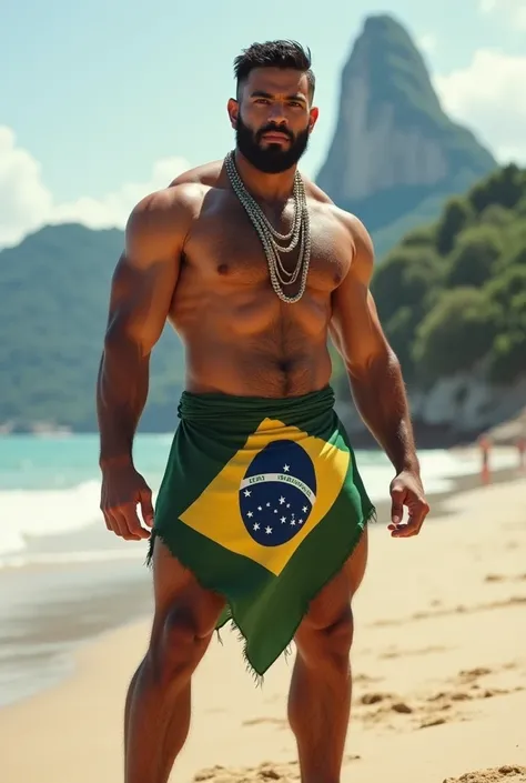 Creating a Brazilian man, 20 years, light skin, furry,  strong and very muscular , similar to Eliad Coen ,  wearing a small male maize , dark green,  with dark yellow rhombus ,  in the center of the rhombus a blue circle with white stars ,  based on the Br...