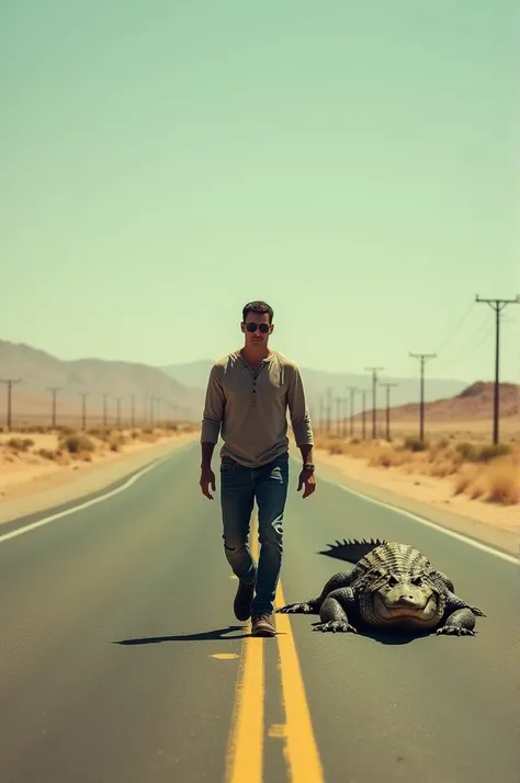 A man walks on a highway without eyeglasses with a crocodile