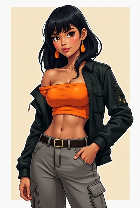 Cartoon, mixed race Navajo-Latina, 26yo woman, tan-bronze skin, amber eyes, neck-length hair, black hair with bangs, athletic physique, muscular, orange hair ornaments, black jacket, orange off-shoulder top, belt, gray cargo pants
