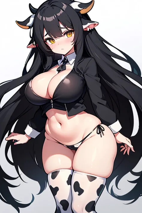 Hot girl, Beautiful long black hair, bright yellow eyes, black and white cow bikini, big but medium breasts, big hips, with NO panties and long cow white and black sheer socks, black and white cow jacket, cow ears, cow horns, blush, at a farm