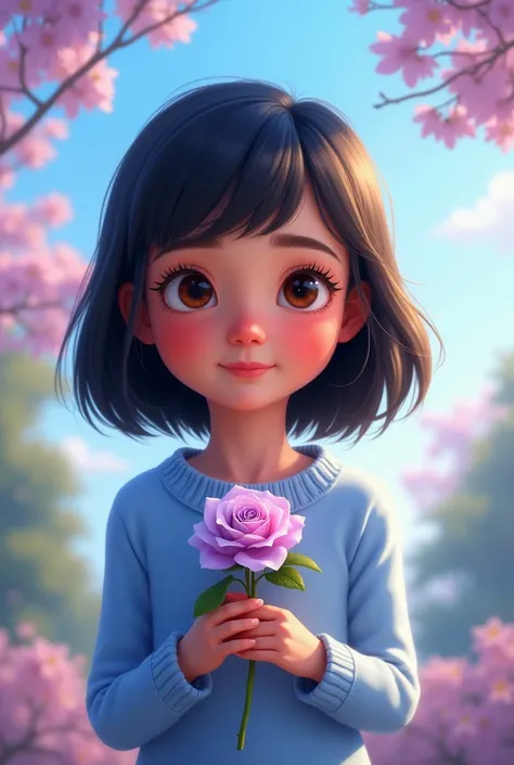  Pixar-style poster of a young lady with black hair , That his face is round, age 10, that he has brown eyes  , , that he has a light blue sweater and that he is holding a lilac rose in his hands 
