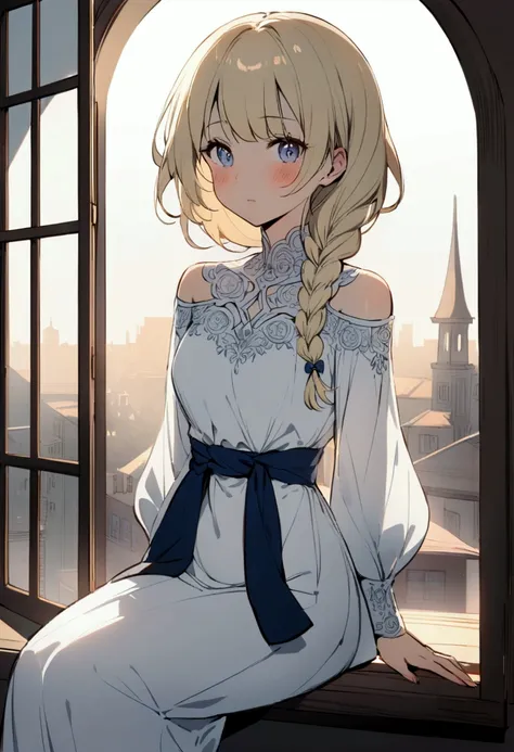 slender, mature female, 1girl, with long, blonde hair in a braided style, sits by a window. She wears a light, pale-blue-gray, off-white, and white, medium-length dress with a detailed design featuring delicate embroidery and a dark-navy blue belt around t...