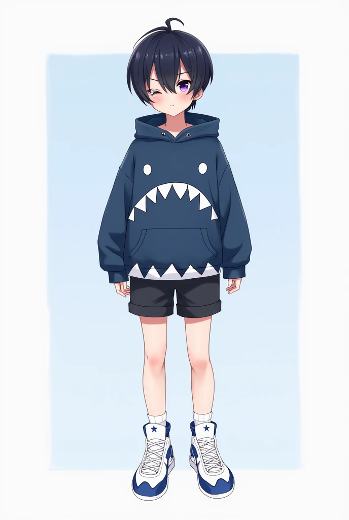 outfit:

 He wears a dark blue hoodie decorated with white teeth and eyes, resembling a shark . 

 Short dark shorts that match the sweatshirt .

White heaters decorated with blue stars.

 White shoes with dark details .


Aspect:

 black hair,  short and ...