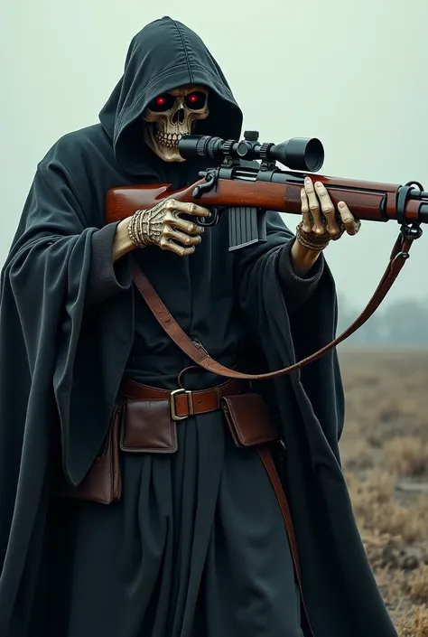 Grim reaper holding gewehr 98 rifle from ww1 with bayonet and scope and aimimg on right. He have red eyes