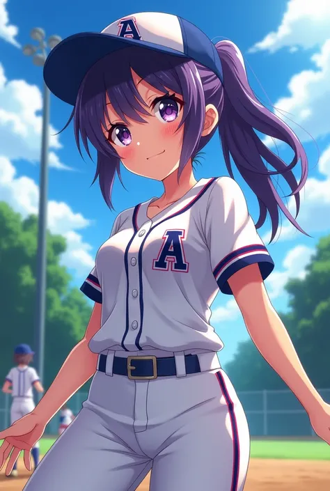 Japanese animation style、High school girl、Baseball uniform 、 Baseball Cap 、Dark Purple Long Hair、single ponytail、 purple pupils