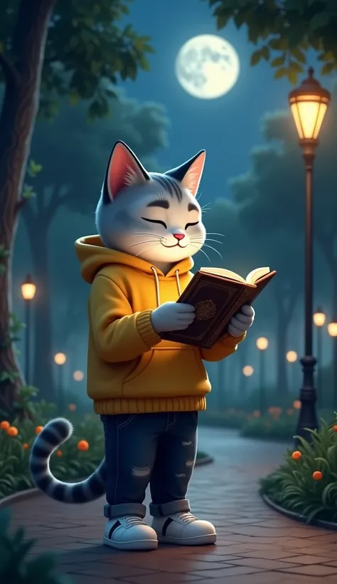 (photorealism: 1.2),  a young grey-white cat around the age of 20 wearing a yellow hoodie,  black jeans trousers , white shoes.  standing while carrying the Quran as if reading . the background is in a city park at night .  Dark lighting like night with ga...