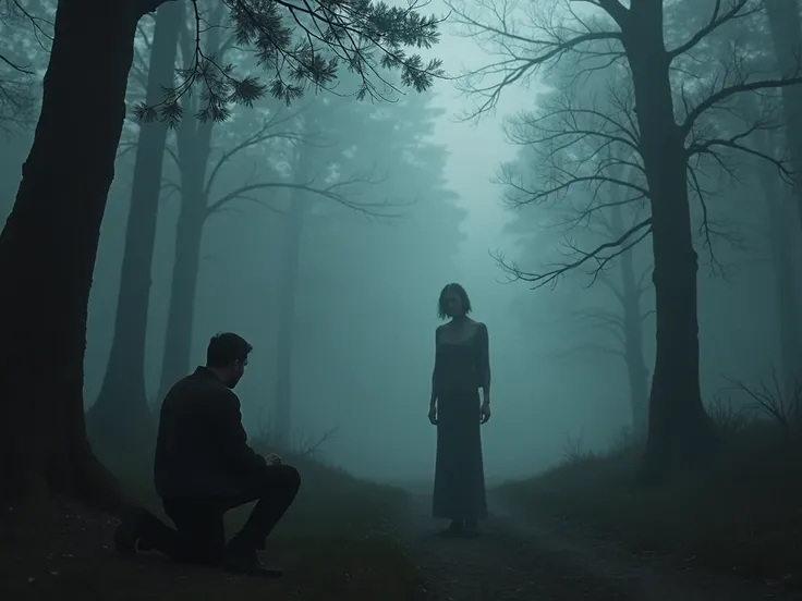 Death in person leads to a woman who is desperate to stay in the world of the living,  all this happens in the forest shady by the fog and in the foreground is a man who is very sad about the loss of his beloved.