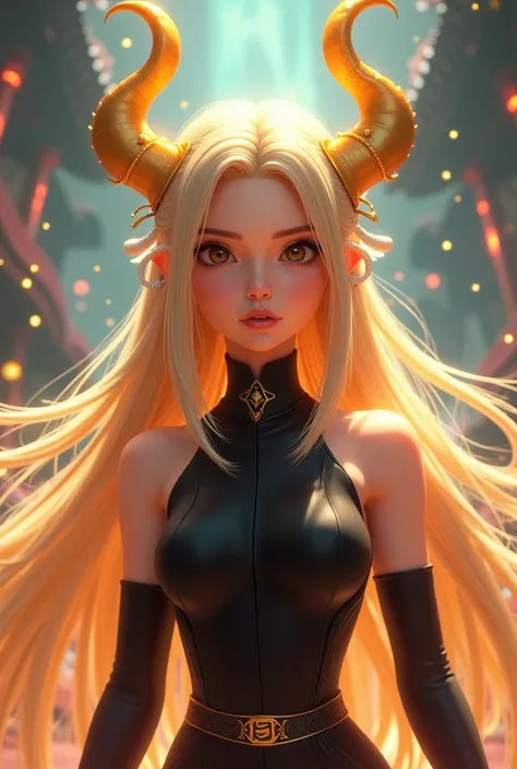 An animated Chinese blonde with long hair with golden horns,  black turtleneck blouse