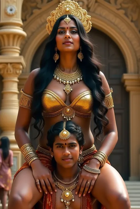 The Malayali goddess woman sits on her servants boys shoulder, women age is 30, large breasts, Wearing micro bikinis, wearing full of ornaments, ornamental bikinis, wearing golden Indian crown on head, Black Hair, full figure, Drunk, walking, reverse shoul...