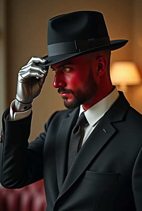 Adjusting his hat :
 The red-skinned man gently lifts his fedora hat with his metallic hand, , revealing a slight inclination of respect .  His impeccable suit highlights his elegance ,  while his yellow gaze seems to carefully analyze his environment .