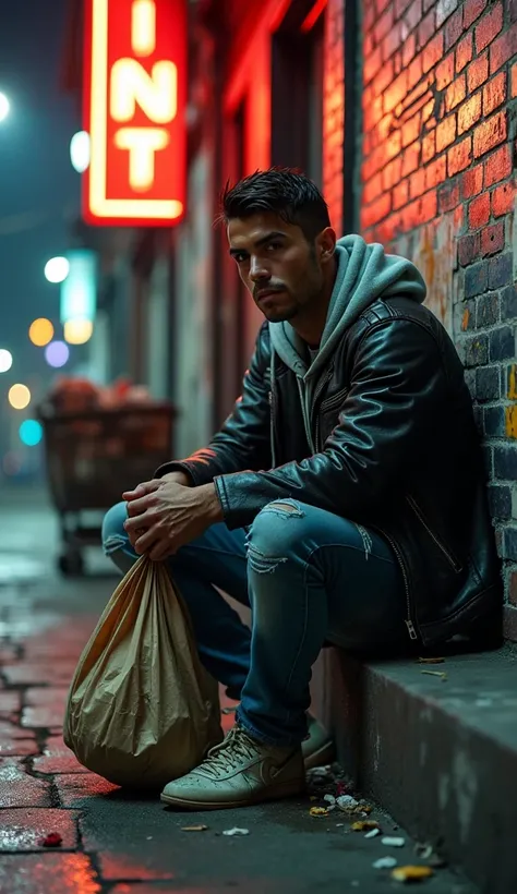 A hyper-realistic, cinematic portrayal of Cristiano Ronaldo as a downtrodden figure on a gritty Bronx street corner, reflecting the harsh reality of a man fallen from grace. His signature sharp features are barely recognizable beneath a layer of grime, his...