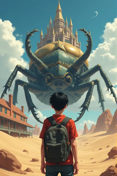 a boy in the same image divided back into one in front of a school and another in a desert in front of a castle The castle has to be on top of a giant beetle and The boy must be a black-haired teenager