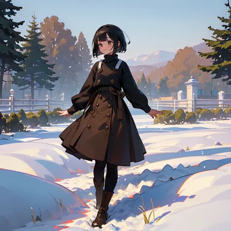 ( High Quality ,  high definition , Very detailed, reality:1.37), Peaceful atmosphere, (Outdoor, garden ,snow),  teenage girl standing alone, Beautiful details,  cute smile, (Black Bob), Ribbed sweater,Brown skirt, Black tights,  brown boots .