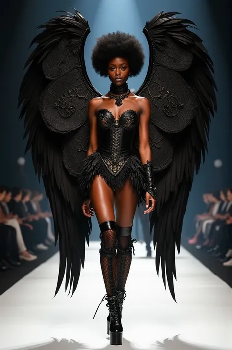 Anok yai with afro hair wears an elaborate costume with large wings attached to her back. The wings have intricate designs and appear to be made of black feathers. The costume includes a corset and corset and lace tights. The look is completed by high-heel...