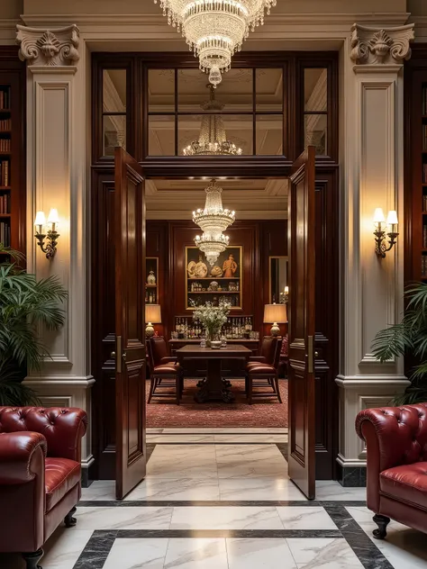  The gentlemens club , in Georgian style ,  displays a imposing light stone façade and an entrance with carved mahogany doors . Inside,  polished marble floors ,  wood-paneled walls dark and a crystal chandelier create an elegant atmosphere .  The living r...