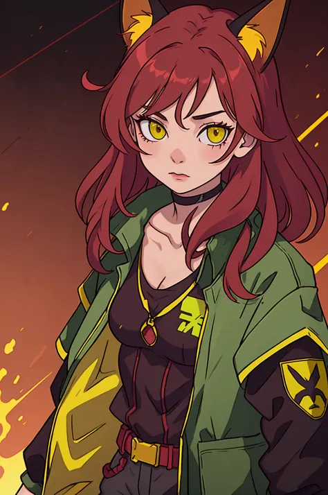 Anime with dark red medium length hair, no bangs, and with yellow-green eyes with ears, the jackal is wearing techvir cyberpunk clothes