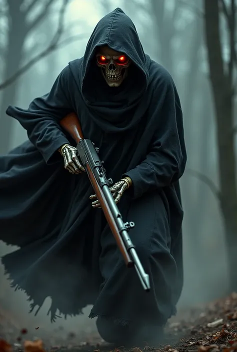 Grim reaper holding gewehr 98 rifle from ww1 with bayonet and charging with it. He have red eyes