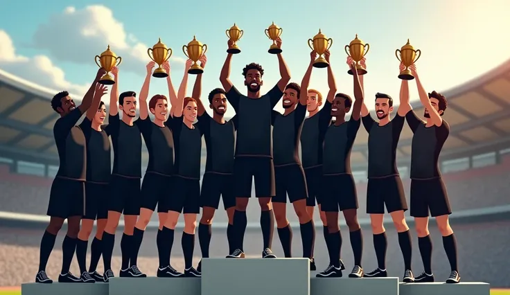  Group of eleven soccer players on the podium raising champion trophies and celebrating.  In this group of players there were three black players ,  four brown players and four white players , and they were all wearing the same uniform , Black shirt and bl...