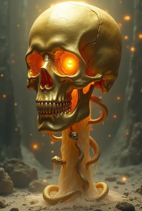  Stand is composed ,  initially ,  through a human skull of immense size ,  with a shiny and textured golden surface like ancient gold.  The skull has slightly distorted features ,  with bones that appear sharper and more flowery ,  as if they were made of...