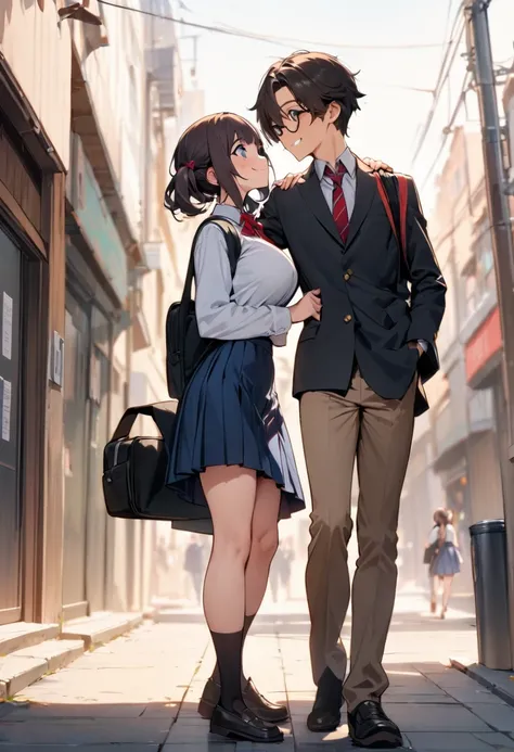 ( masterpiece , top quality:1.2),  1 girl, Alone,  Expressive Eyes , Walking with a student bag on his shoulder ,  straight hair,  dark hair twintails, Round Glasses, ((( Perfect Face Girl Walking With Her Student Bag On Her Shoulder))),  Big Breasts High ...