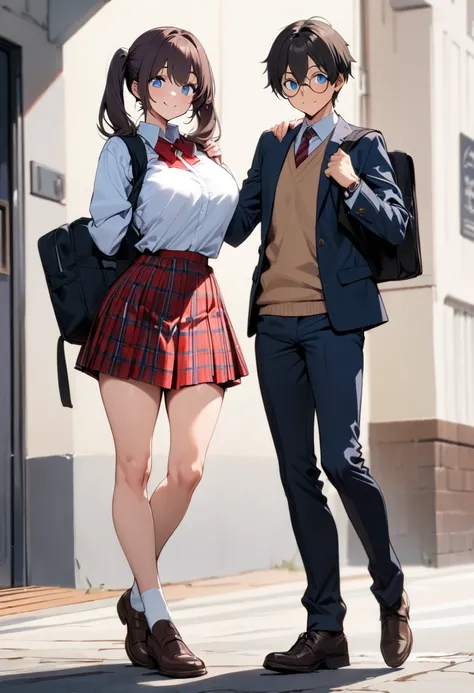 ( masterpiece , top quality:1.2),  1 girl, Alone,  Expressive Eyes , Walking with a student bag on his shoulder ,  straight hair,  dark hair twintails, Round Glasses, ((( Perfect Face Girl Walking With Her Student Bag On Her Shoulder))),  Big Breasts High ...