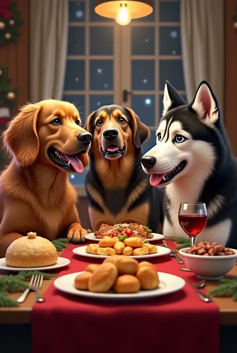  Please give me , a realistic image , of a Cocker Spanel  ,  German Shepherd dog and Siberian Husky  ,  enjoying a Christmas dinner,turkey roll ,  chicken custard ,  meat fritters and special wine for pets  
